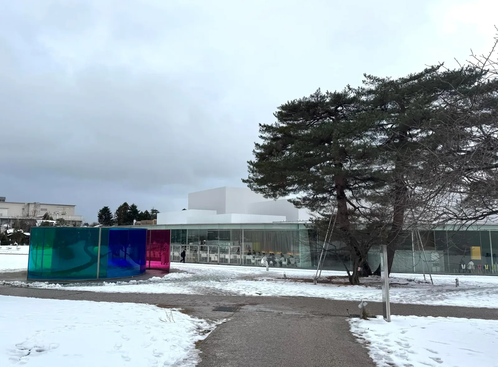 金澤 21 世紀美術館 館內彩色兔椅與玻璃帷幕雪景